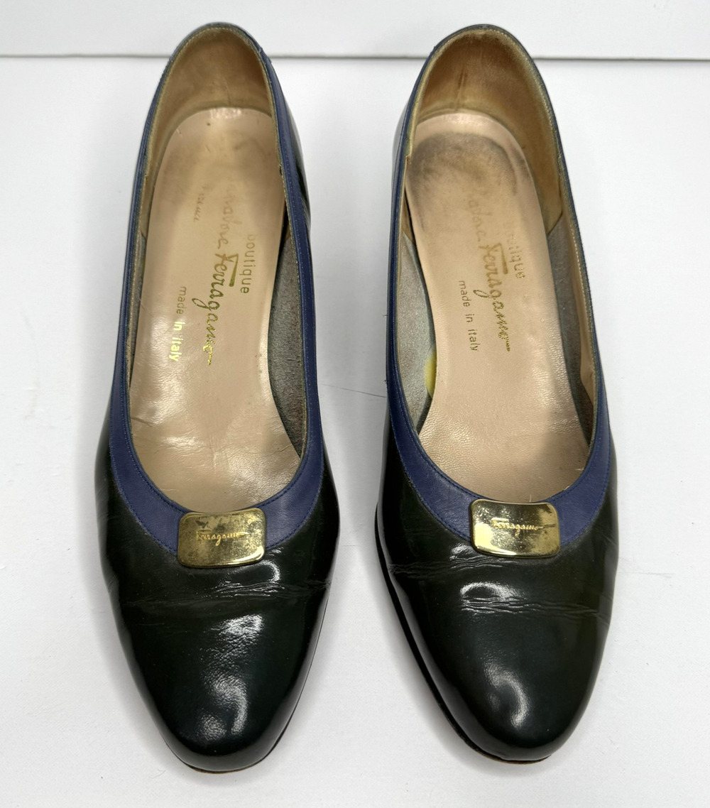 Vintage Salvatore Ferragamo Shoes Womens Size 8.5 B Green Blue Block Heel Pumps